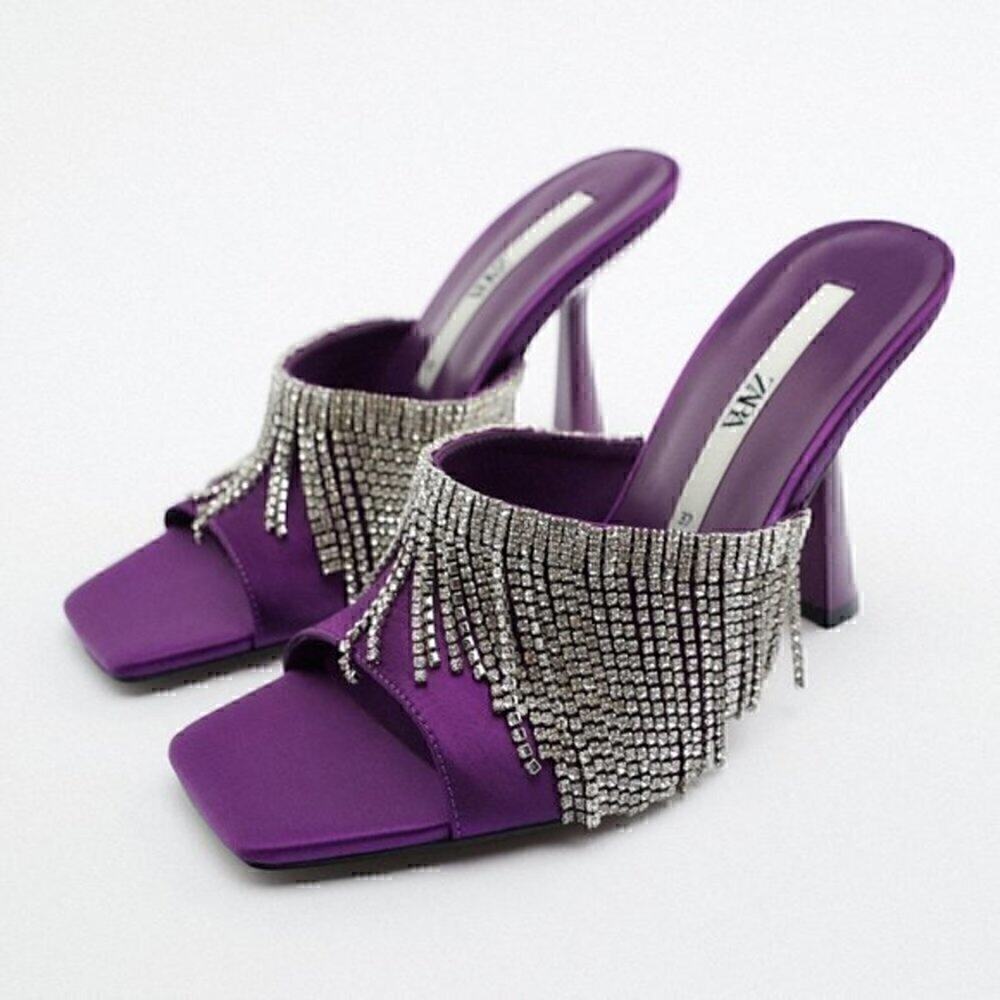 Zara Purple Rhinestone Fringe Mule Heels Statement Sandals NWT - Picture 12 of 14
